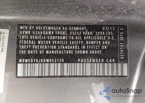 2013 Volkswagen Gti z USA, uszkodzony, nr VIN WVWFD7AJ6DW052170